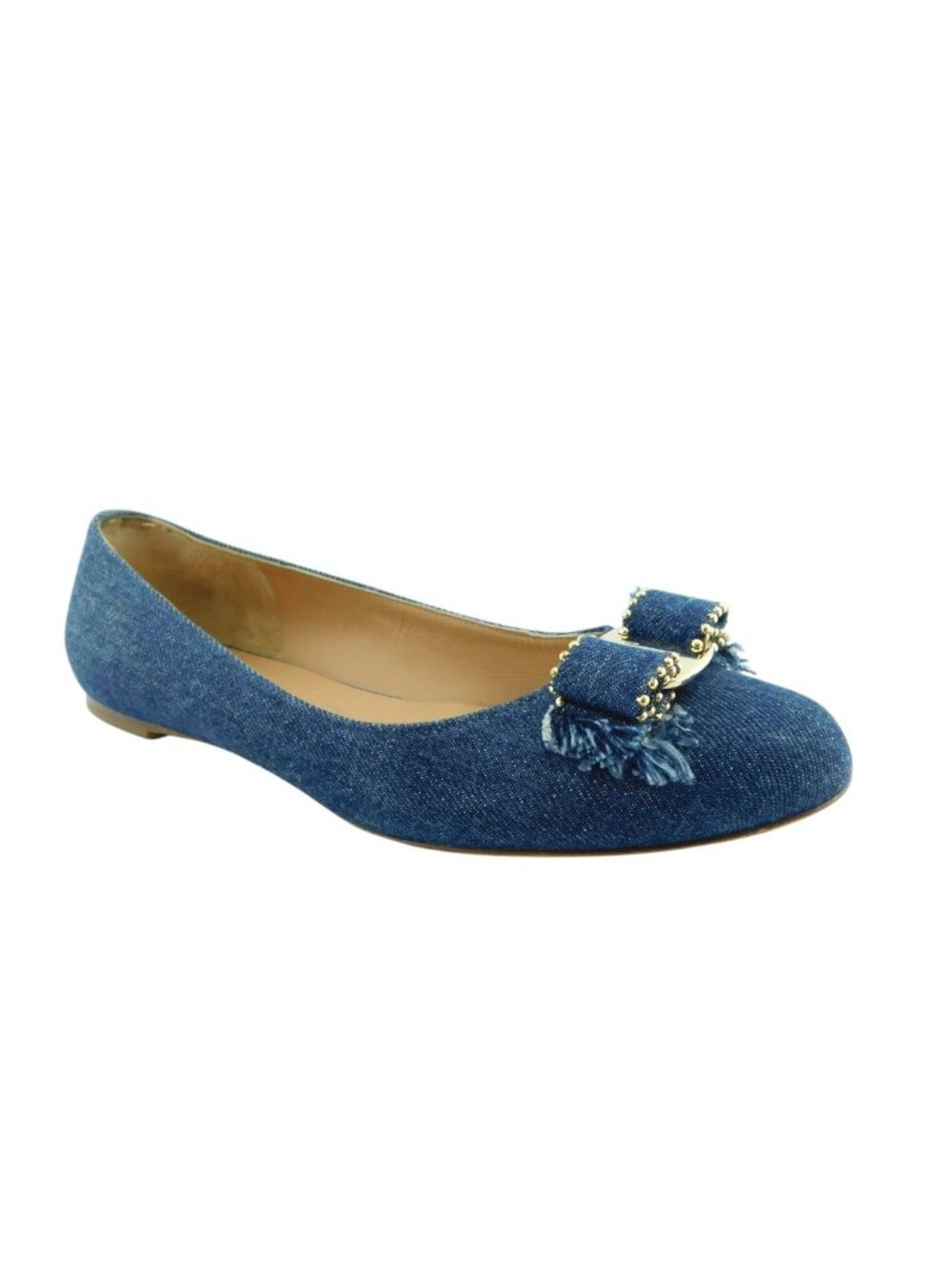 FERRAGAMO Vara Logo Studded Bow Denim Blue Jean Ballet Flats 9